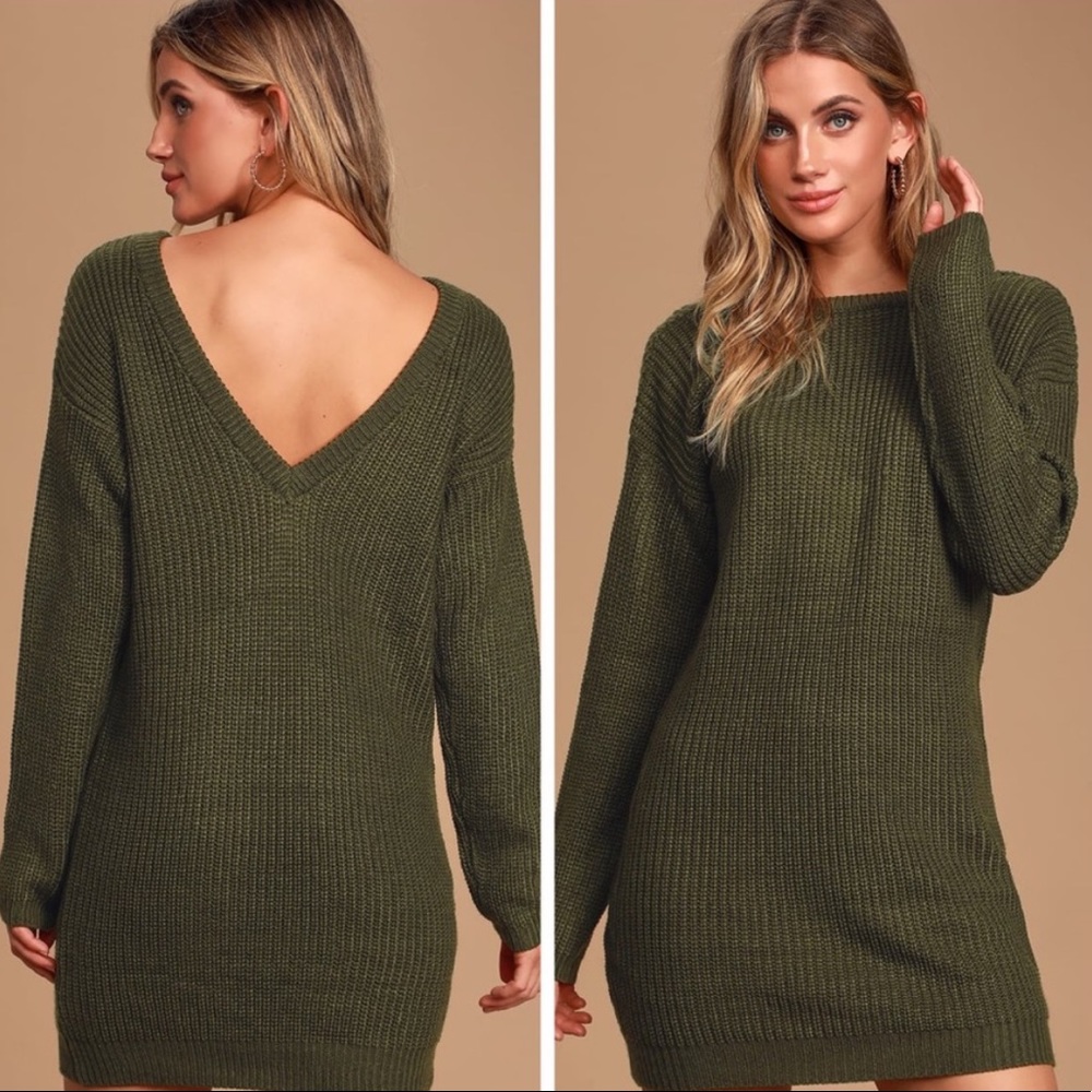 Lulus Bringing Sexy Back Green Backless Sweater Dress (S)